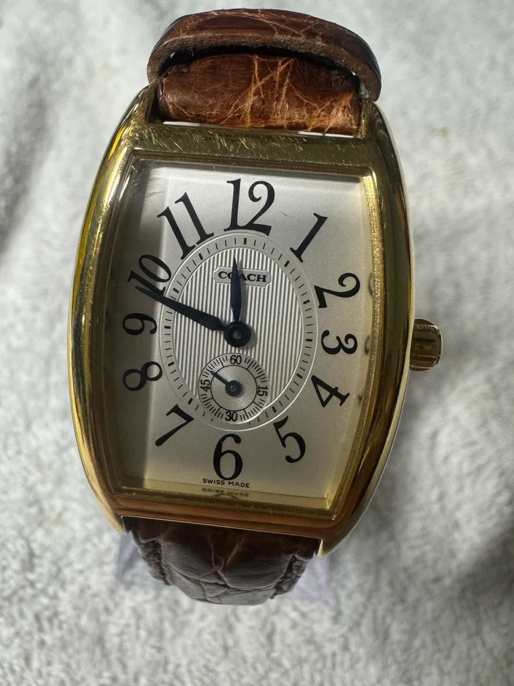 Coach Gold-Tone Tonneau Watch with Brown Leather Strap and Silver Dial